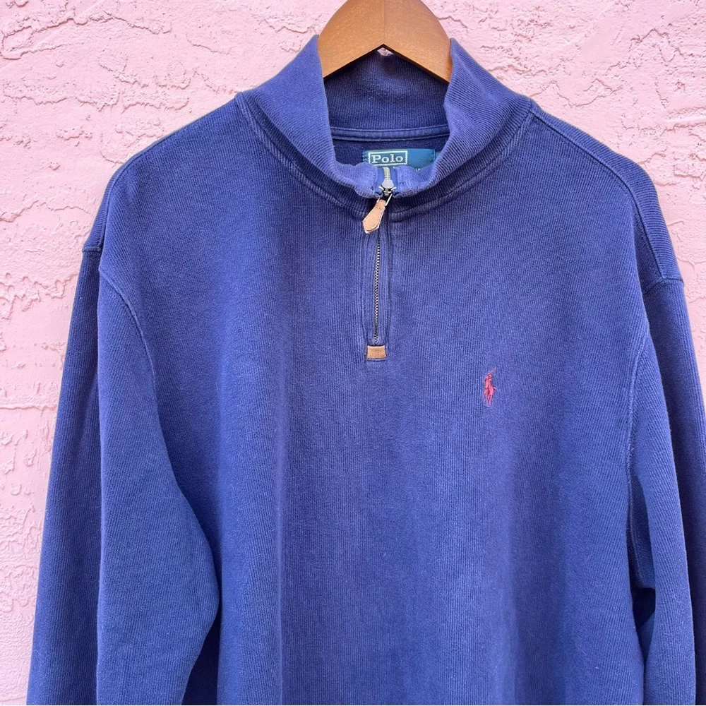 Vintage Polo Ralph Lauren Ribbed 1/4 Zip Navy Blue Cotton Adult Size XL Flaw